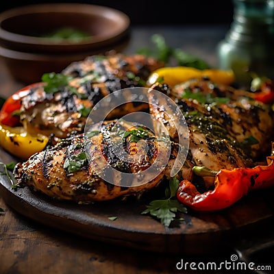 A delicious meal of grilled chicken and peppers with perfect char marks Stock Photo