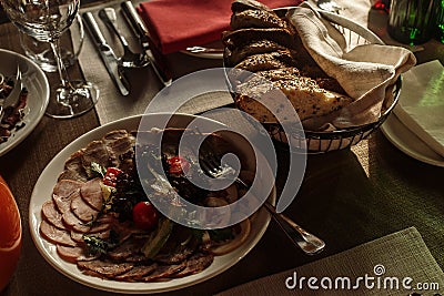 Delicious meals at wedding reception table close-up, vegetable p Stock Photo