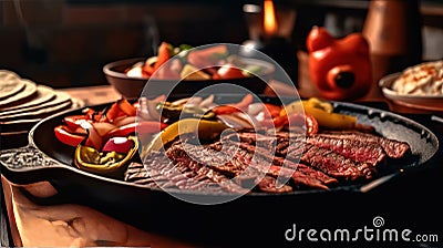 Delicious Meat Steak Fajitas on Blurry Background Stock Photo