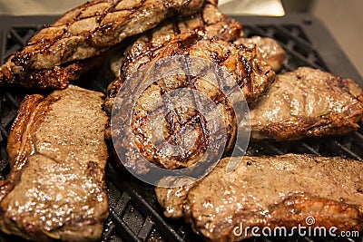 Delicious meat steak are fried on grilled. close-up. Stock Photo