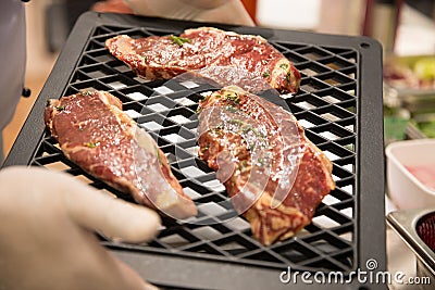 Delicious meat steak are fried on grilled. close-up. Stock Photo