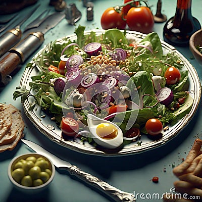 Delicious Mediterranean salad is a vibrant flavorful dish that is packed with fresh, nutritious ingredients Stock Photo