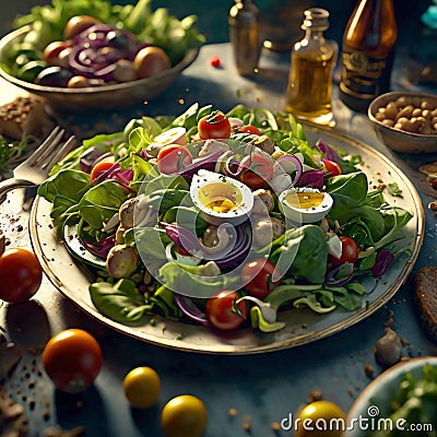 Delicious Mediterranean salad is a vibrant flavorful dish that is packed with fresh, nutritious ingredients Stock Photo