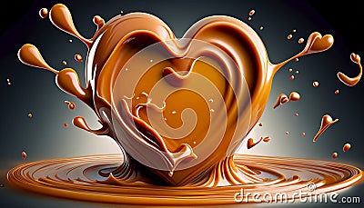 Delicious melted caramel heart. Flow, wave and drops splash caramels sauce. Love sweets food design. AI Generative Stock Photo