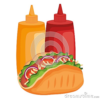 delicious mexican taco with sauces bottles Cartoon Illustration