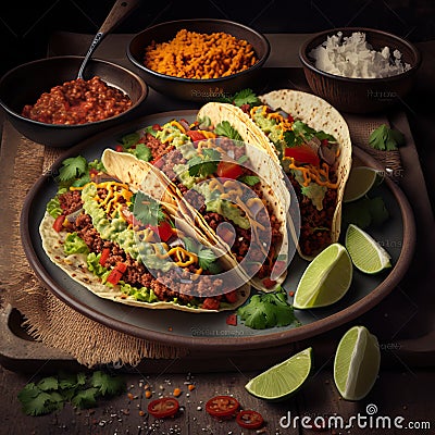 Delicious Mexican tacos with crispy ground beef, beans, and spices on a platter. Generative AI Stock Photo