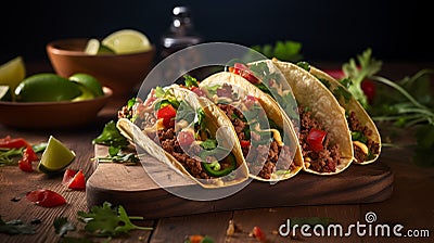 Delicious Mexican Tacos on wooden chopping board. AI Generated Image Stock Photo