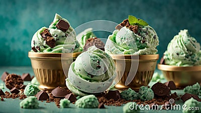 Delicious mint chocolate chip gelato ice cream is a refreshing and decadent with rich creamy gelato base Stock Photo