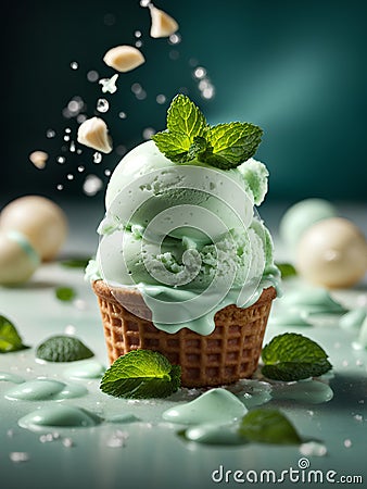 Delicious Mint gelato ice cream, floating, refreshing frozen dessert. Cinematic advertising photography Stock Photo