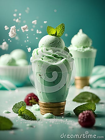 Delicious Mint gelato ice cream, floating, refreshing frozen dessert. Cinematic advertising photography Stock Photo