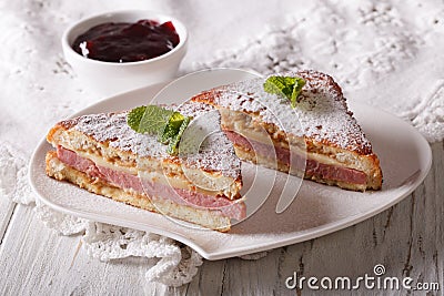 Delicious of Monte Cristo sandwich and jam. horizontal Stock Photo