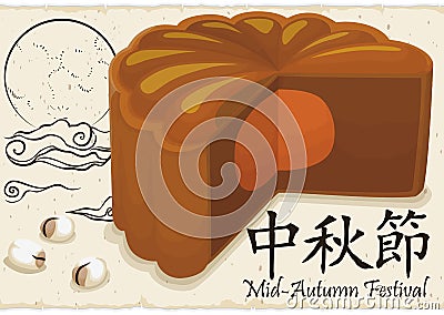 Delicious Mooncake over Scroll with Moon Drawing for Mid-Autumn Festival, Vector Illustration Vector Illustration