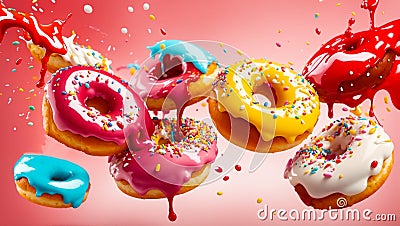 Delicious multi-colored donuts on a colored background Stock Photo