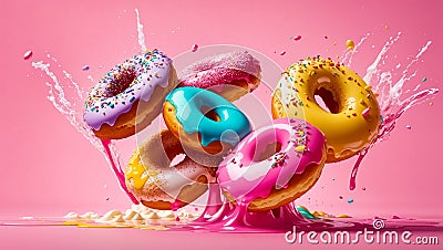 Delicious multi-colored donuts on a colored background cream snack concept Stock Photo