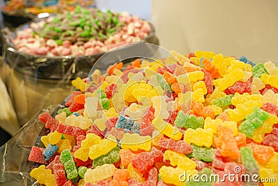 Delicious multi-colored fruit marmalade. unhealthy bright candies in bulk. different jelly photo close. tasty sweets in the candy Editorial Stock Photo
