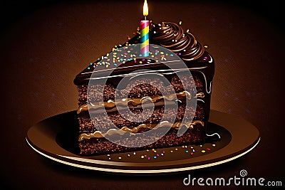 delicious multi-layered chocolate birthday cake on plate with sprinkles and candles Stock Photo