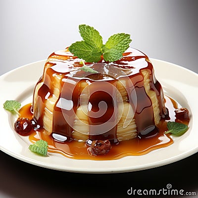 Delicious Multi-layered Pudding With Caramel Sauce Stock Photo