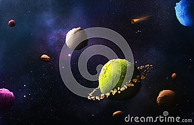 Delicious multicolored ice cream balls in the form of planets in space. Cartoon Illustration