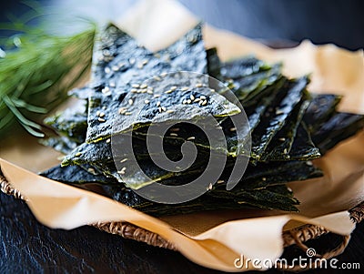 Delicious natural organic seaweed nori snack chips, roasted seasoned crispy sheets of seaweed. Stock Photo