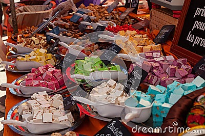 Delicious nougat in beautiful colours in a market stall Editorial Stock Photo