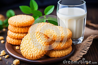 Delicious Oatmeal Cookies and Cold Glass of Milk on Charming Rustic Wooden Table Stock Photo