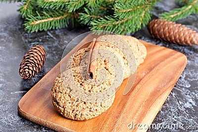 Delicious oatmeal cookies and fir branches Stock Photo