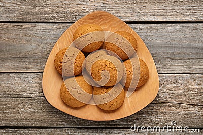 Delicious oatmeal cookies on wooden table, top view Stock Photo