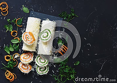 Delicious omelette spinach and carrot rolls Stock Photo