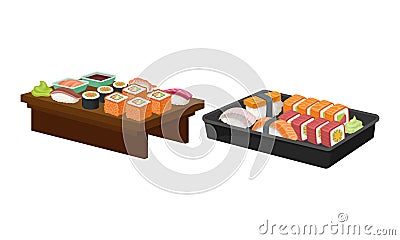 Delicious Oriental Sushi Set on Wooden and Plastic Tray Vector Set Vector Illustration