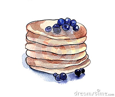 Delicious pancake with blueberries. Hand drawn watercolor illustration. Isolated on a white background Cartoon Illustration