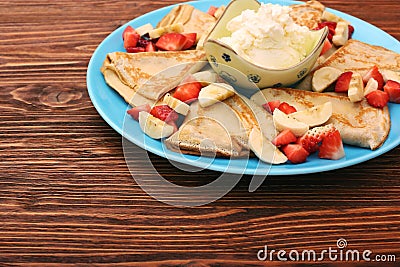 Delicious pancake with sliced of strawberry and banana Stock Photo