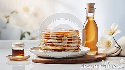 Delicious Pancakes and Maple Syrup Food Combination Horizontal Illustration. Stock Photo
