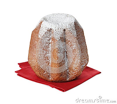 Delicious Pandoro cake decorated with powdered sugar isolated on white. Traditional Italian pastry Stock Photo