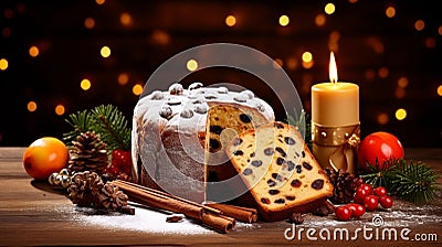 Delicious panettone with chocolate chips on a table decorated for Christmas. Generative AI Stock Photo