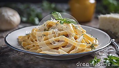 delicious pasta with melted cheese on the table, delicious pasta in the plate, pasta with cheese Stock Photo