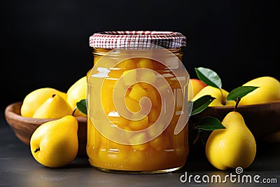 Delicious pear jam in a glass jar, surrounded by juicy organic fruits Stock Photo