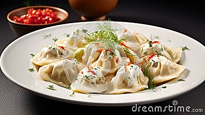Delicious pelmeni, dumplings, ravioli, for menu in restaurant, banners, social media Stock Photo