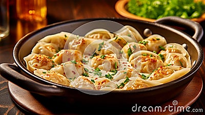 Delicious pelmeni, dumplings, ravioli, for menu in restaurant, banners, social media Stock Photo