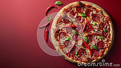 A delicious pepperoni pizza sits on a vibrant red surface, with a single slice cut out, showcasing gooey cheese and Stock Photo