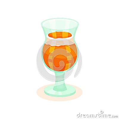 Delicious persimmon pudding with whipped cream in glass. Tasty fruit dessert. Sweet food. Flat vector icon Vector Illustration