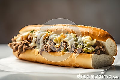 Delicious Philly cheesesteak with chopped ribeye steak with pickles green peppers onions and provolone cheese in a crisp roll. Stock Photo