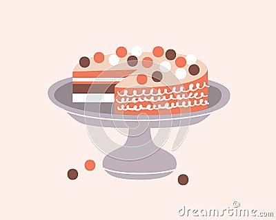 Delicious pie decorated with icing on cake stand isolated on light background. Tasty dessert, confection or sweet pastry Vector Illustration