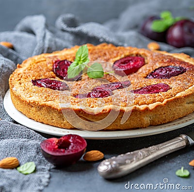 Delicious pie with plums and almond cream Stock Photo
