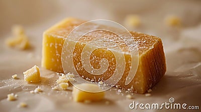 A delicious piece of parmesan close-up. Cheese on a blurred background Stock Photo