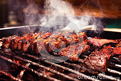 Delicious pieces of meat with barbecue sauce on smoker grill Stock Photo