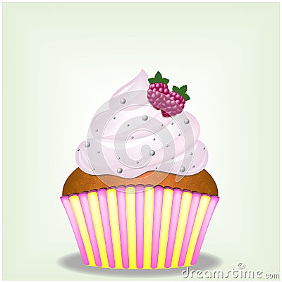 Delicious Pink Creamy Yammy Cupcake with Sweets and Raspberry Berries Stock Photo