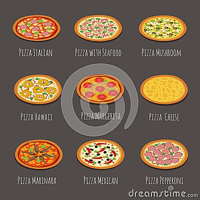 Delicious pizza icons. Pepperoni, margherita and other italian pizzas slices isolated vector illustration Vector Illustration