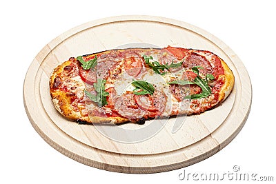Delicious pizza served on wooden plate isolated on white background. Pizzeria menu. Concept poster for Restaurants or pizzerias. Stock Photo