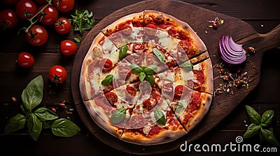 Delicious pizza served on wood plate Stock Photo