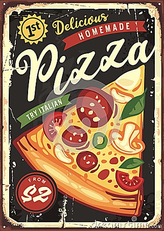 Delicious pizza slice on black board background Vector Illustration